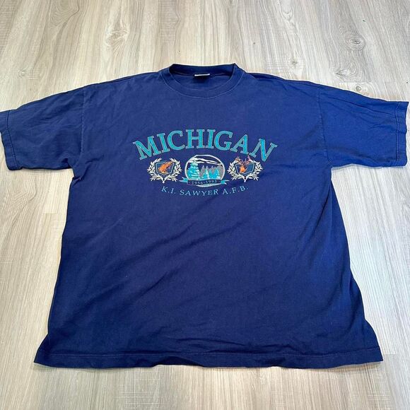 Michigan K.I. Sawyer A.F.D vintage tee shirt. Navy Blue.   Size XXL - Picture 6 of 6